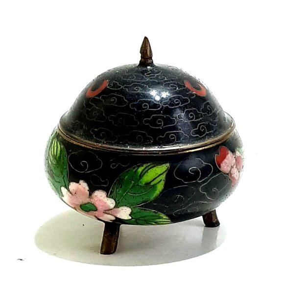 Chinese Vintage Cloisonne Opium Snuff Tea Ring Footed Box Rose Lotus - Picture 2 of 7